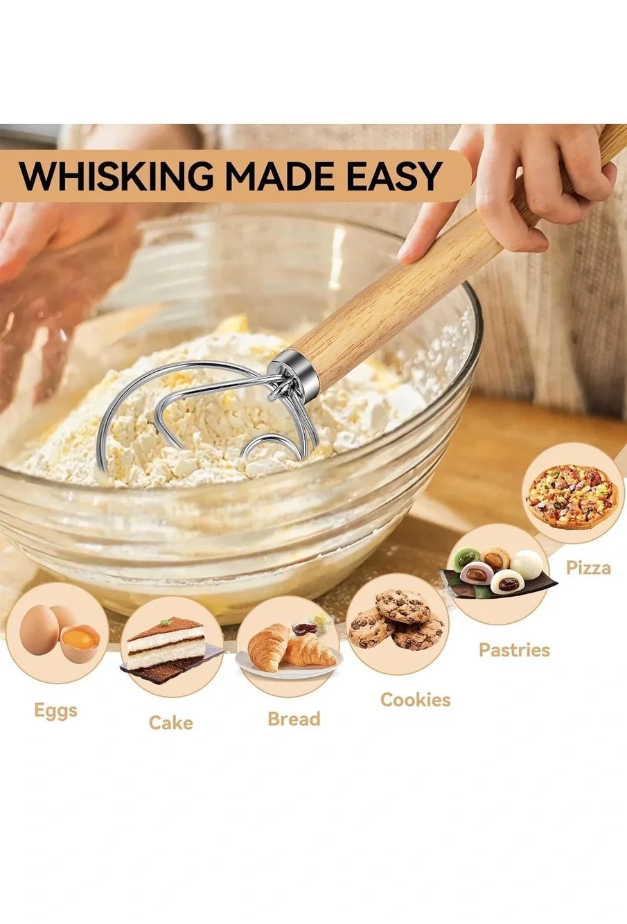 TEEVEA Danish Dough Whisk Stainless Steel Wooden Handle Bread Dough Mixer